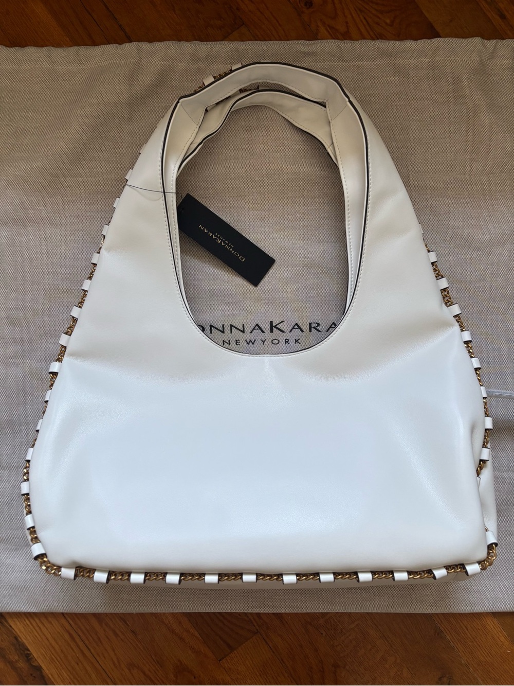 Donna Karan White Leather Shoulder Hobo with Gold-Trim Detail - Picture 3 of 15